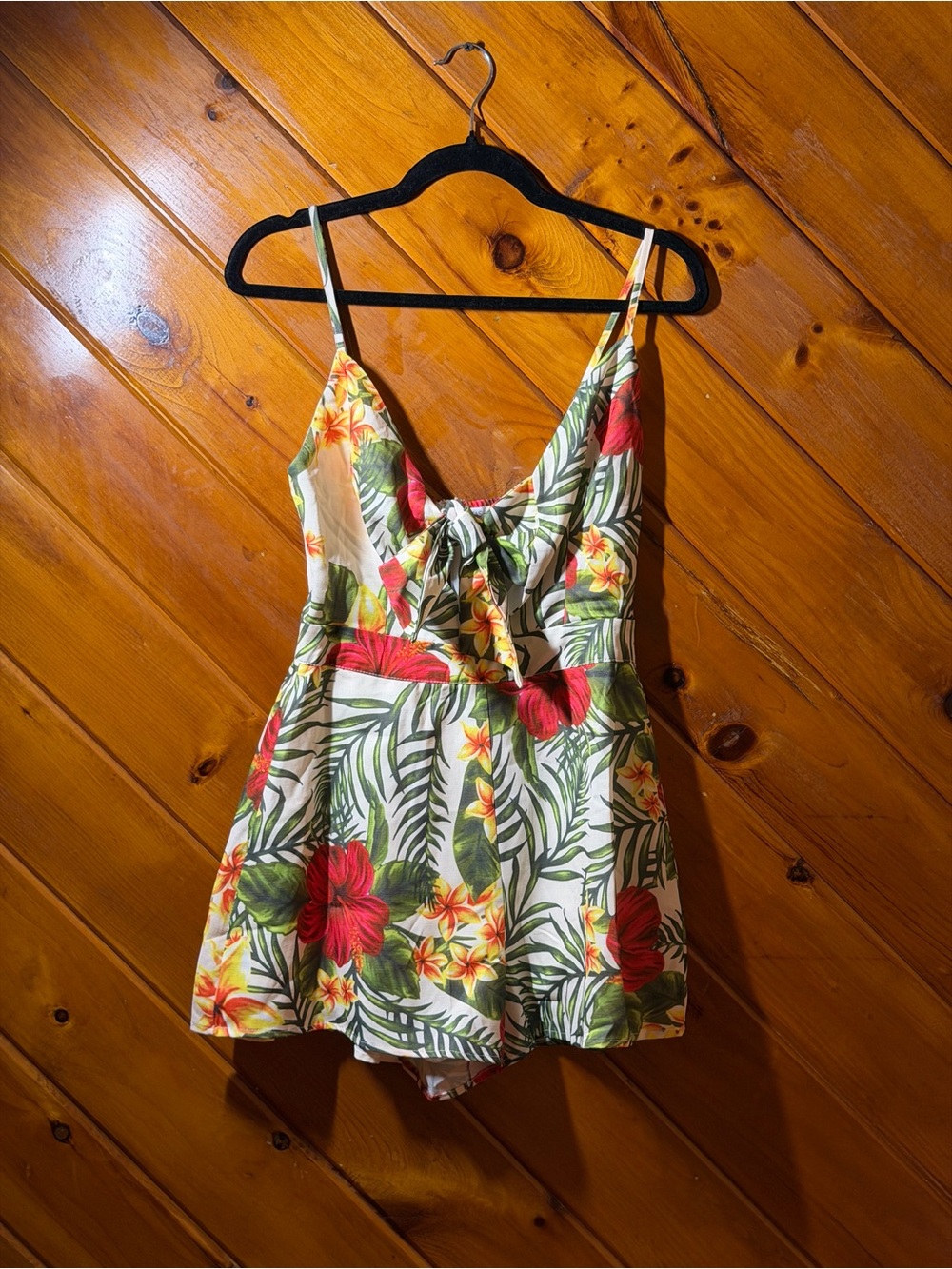 Fashion Nova Cream Tropical Print Romper with Green Leaves and Orange Accents